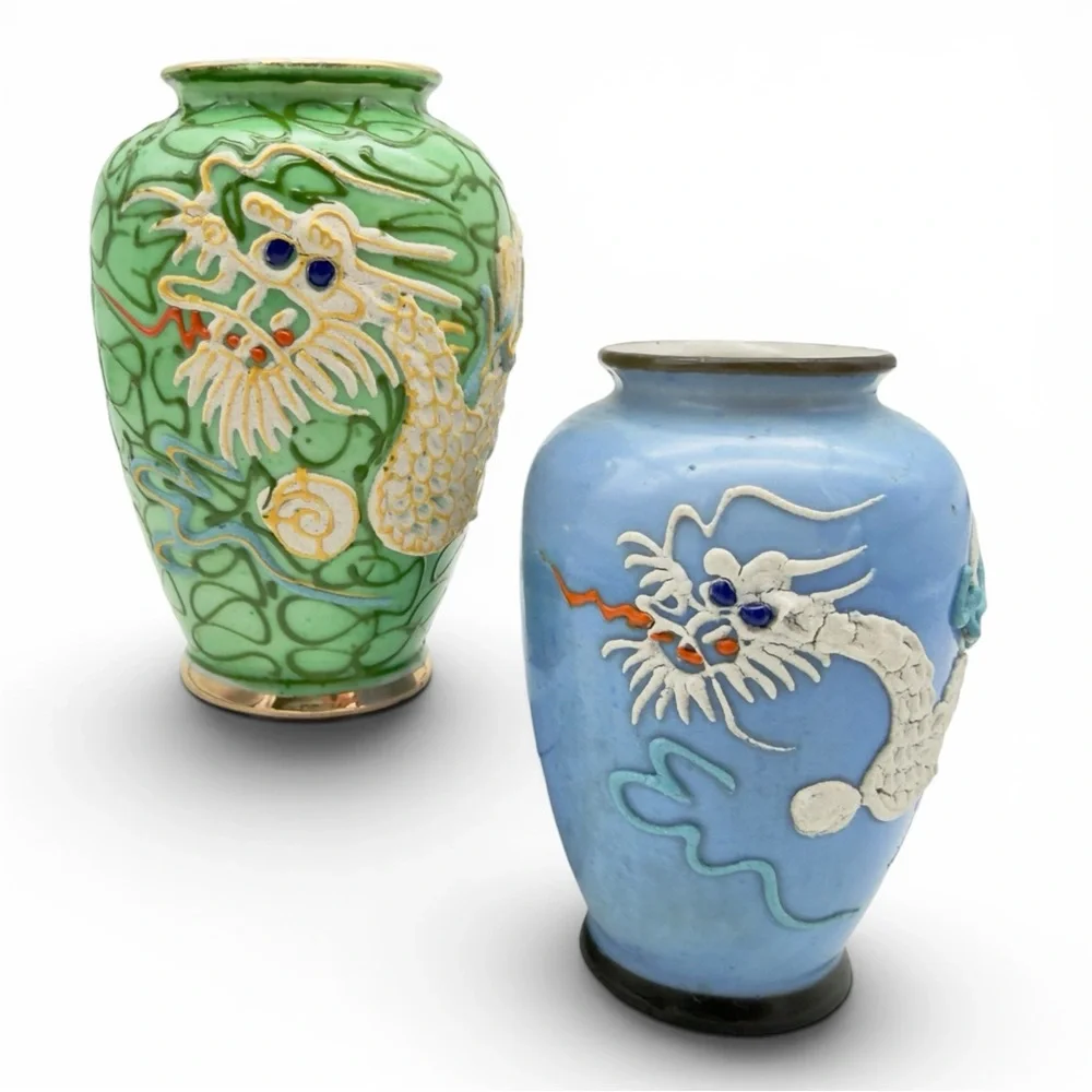 Vintage Moriage Dragonware Vases Pair Japan Green Spaghetti Slip Blue Set of 2 - Picture 10 of 10